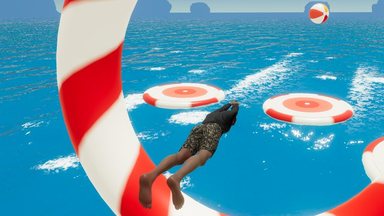 A player flying through a Cannon Blast ring over the bay